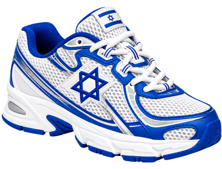 The Jew Balance sneaker: white mesh, blue overlays, a blue star on the side and a flag tab on the tongue.