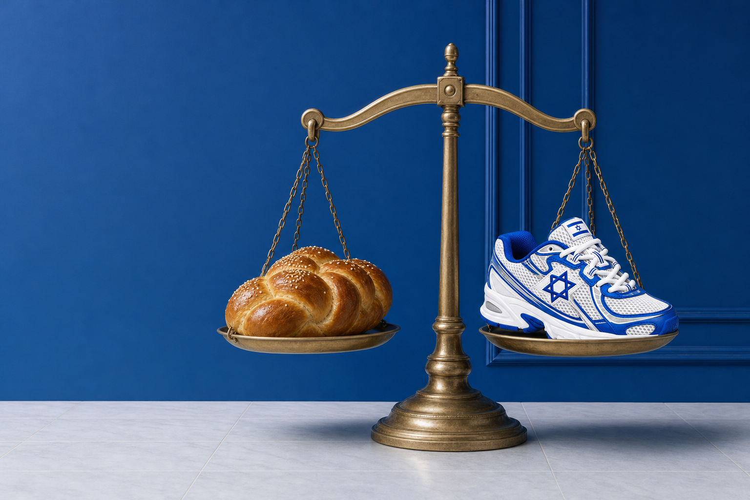 Jew Balance sneaker resting on the right pan of a brass scale, level with a braided challah on the left, against a cobalt wall.